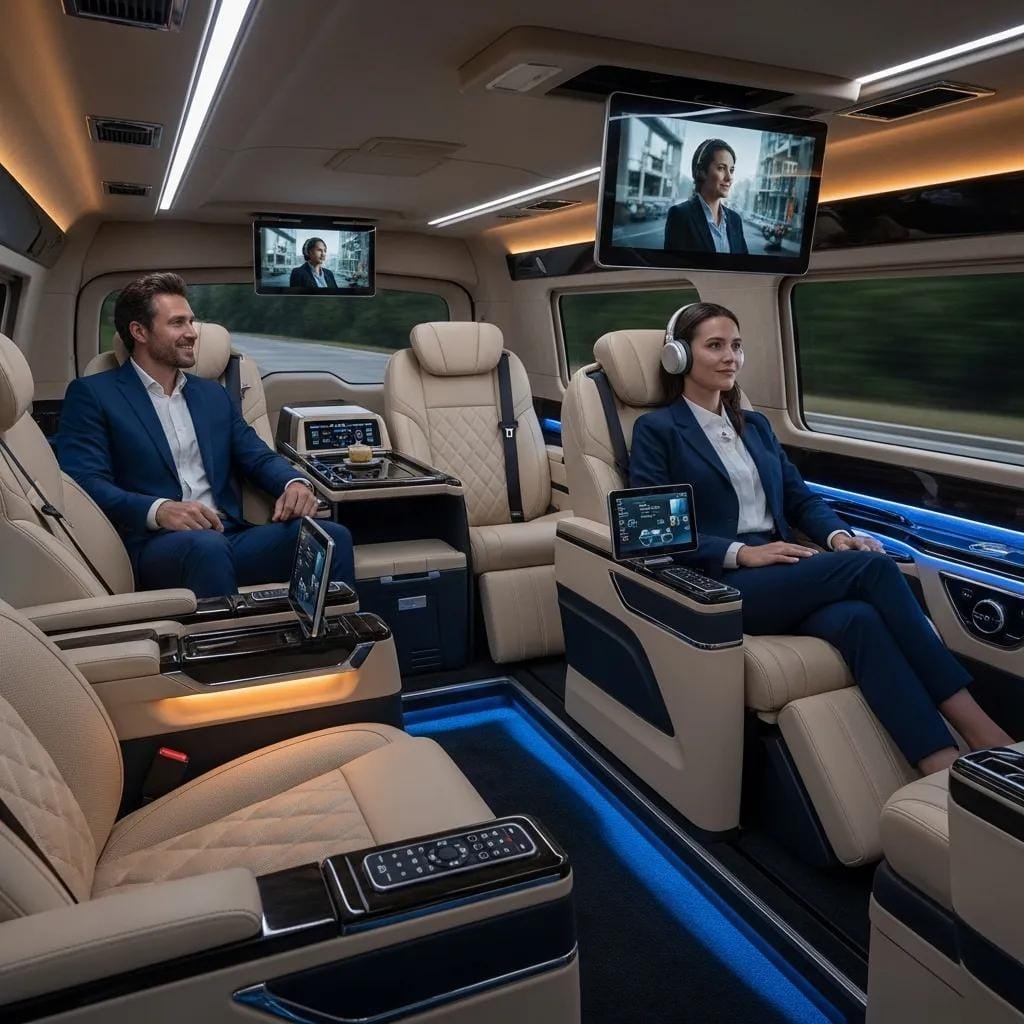 Interior of an executive van showcasing plush seating and luxury amenities for group travel