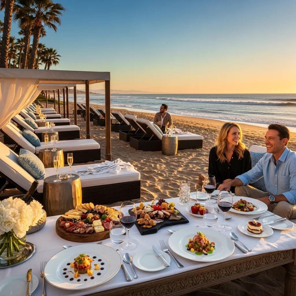 Luxurious outdoor beach dining setup in Orange County with ocean view
