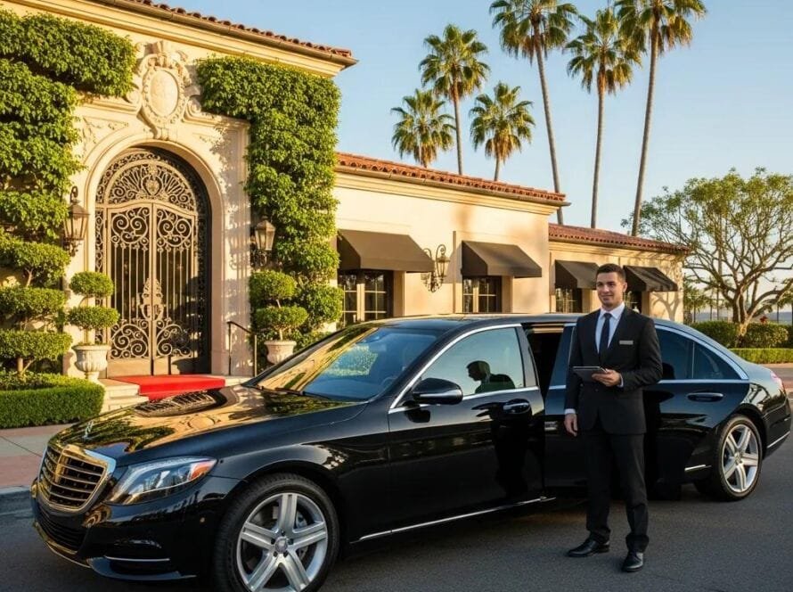Luxury chauffeur service with a black limousine and professional driver in front of a high-end hotel