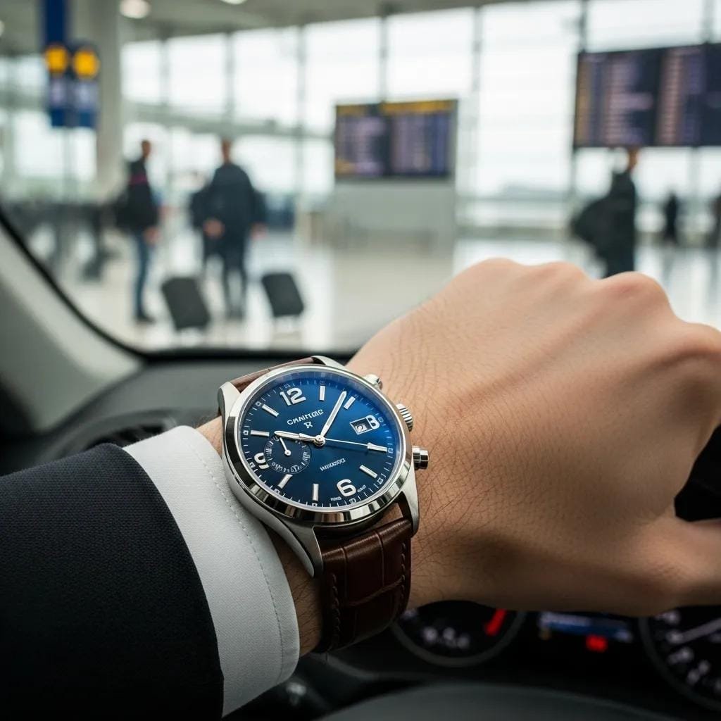 Luxury watch symbolizing punctuality and reliability for executive chauffeurs at an airport