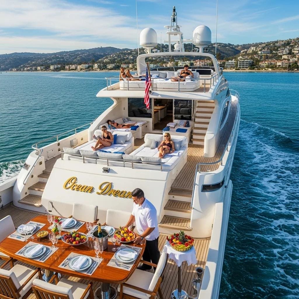 Private yacht with luxury amenities cruising Newport Beach coastline