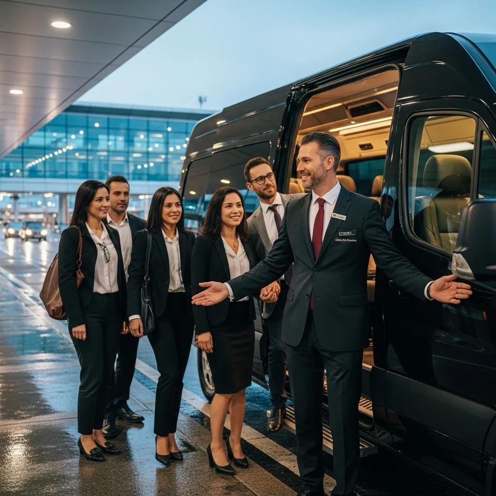 Professional chauffeur assisting passengers with an executive van for seamless group transportation