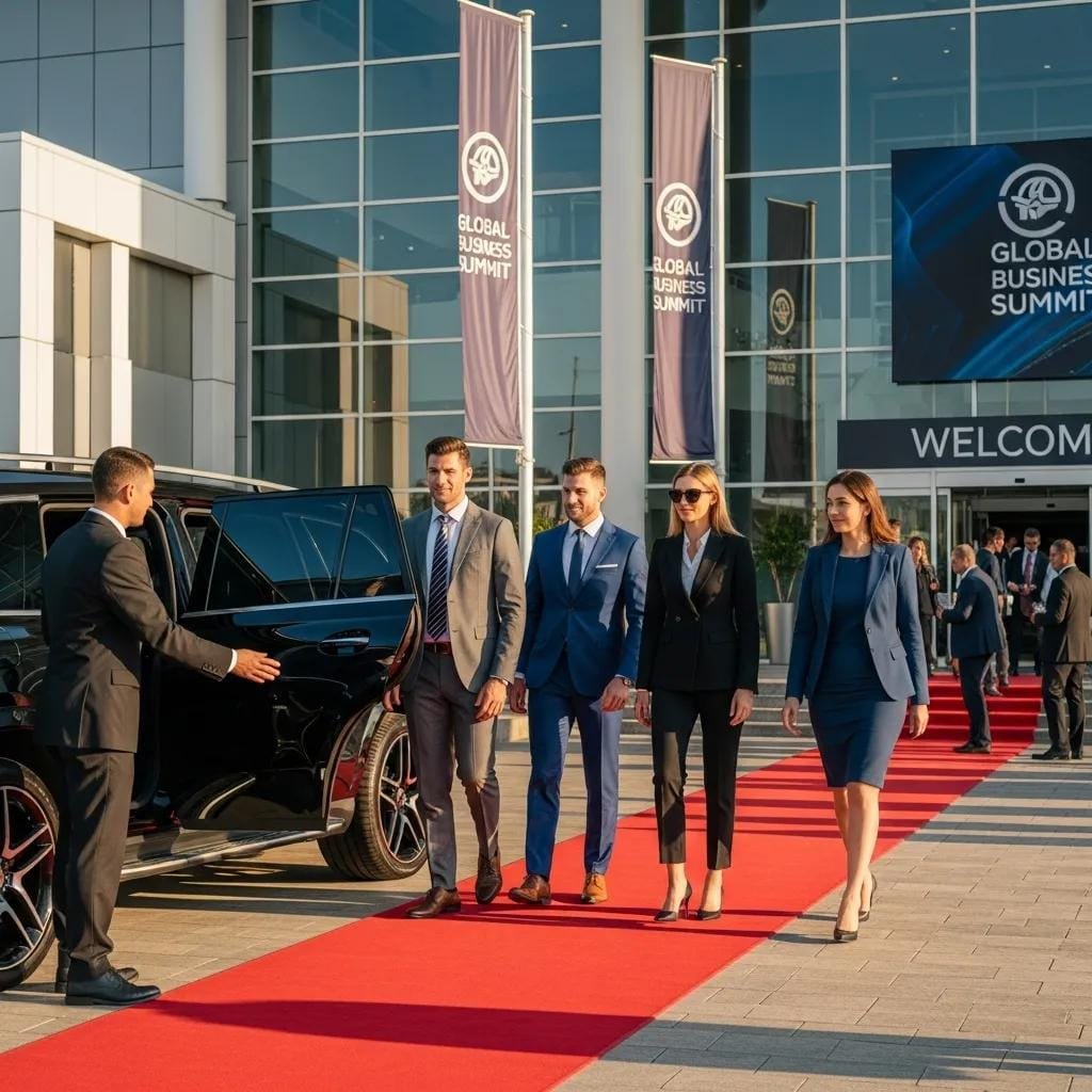 Professionals exiting a luxury SUV at an event — executive transport services