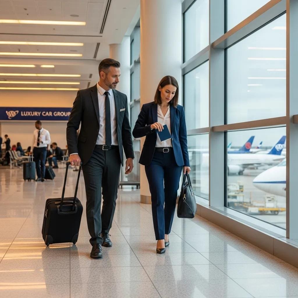 Chauffeur assisting a traveler with luggage at an airport terminal — seamless VIP transfer