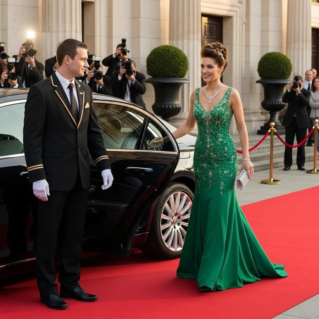 Chauffeur assisting a client at a VIP event with a red carpet and elegant presentation