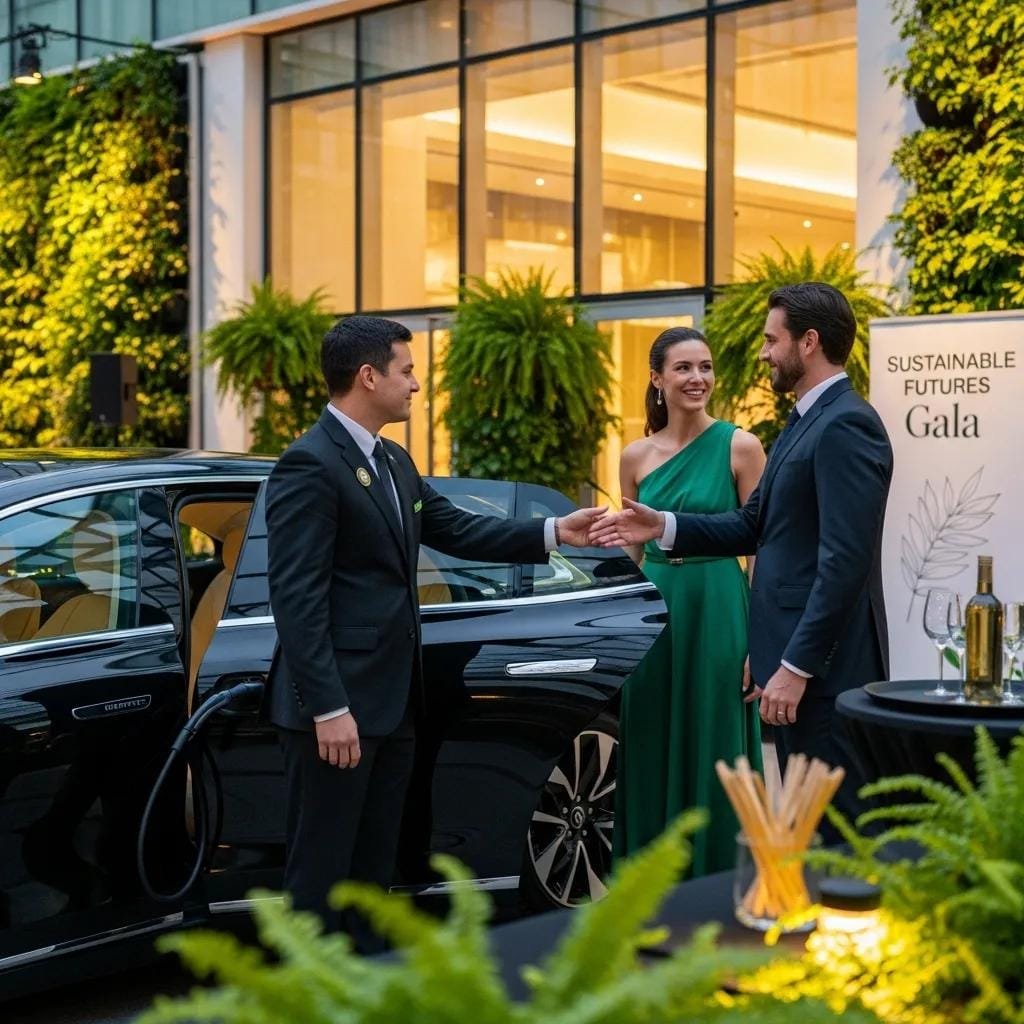 Chauffeur assisting clients at a corporate event beside a luxury vehicle — sustainable VIP transportation