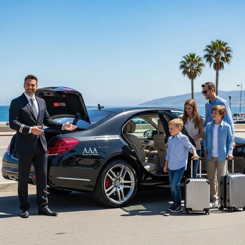 Chauffeur helping a family with luggage beside a luxury sedan in Orange County