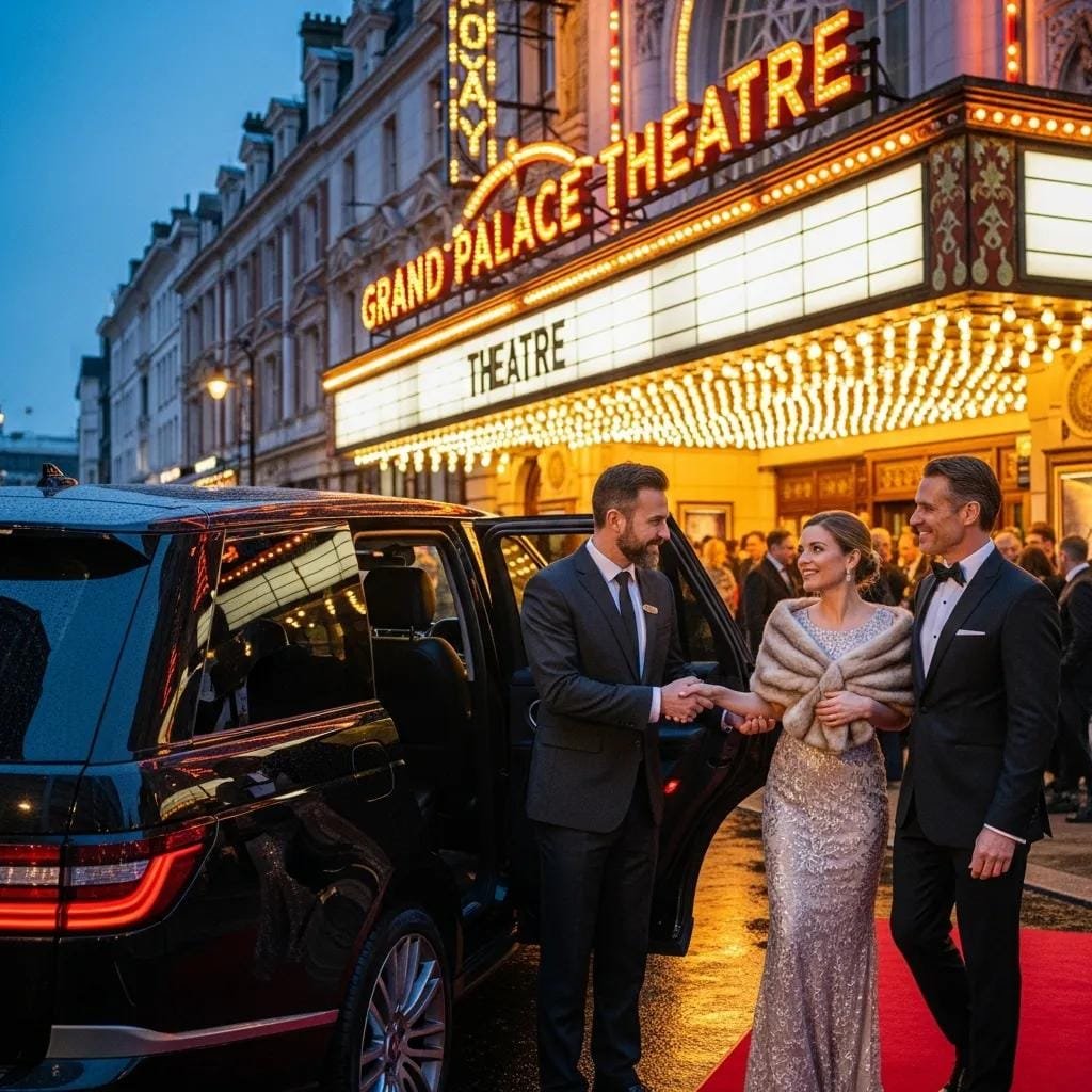 Chauffeur greeting guests at a theatre entrance, illustrating professional event service