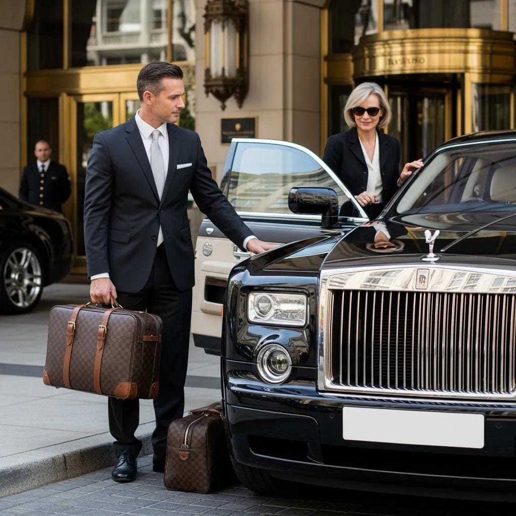 Chauffeur assisting a VIP passenger with luggage, demonstrating attentive and personalized service