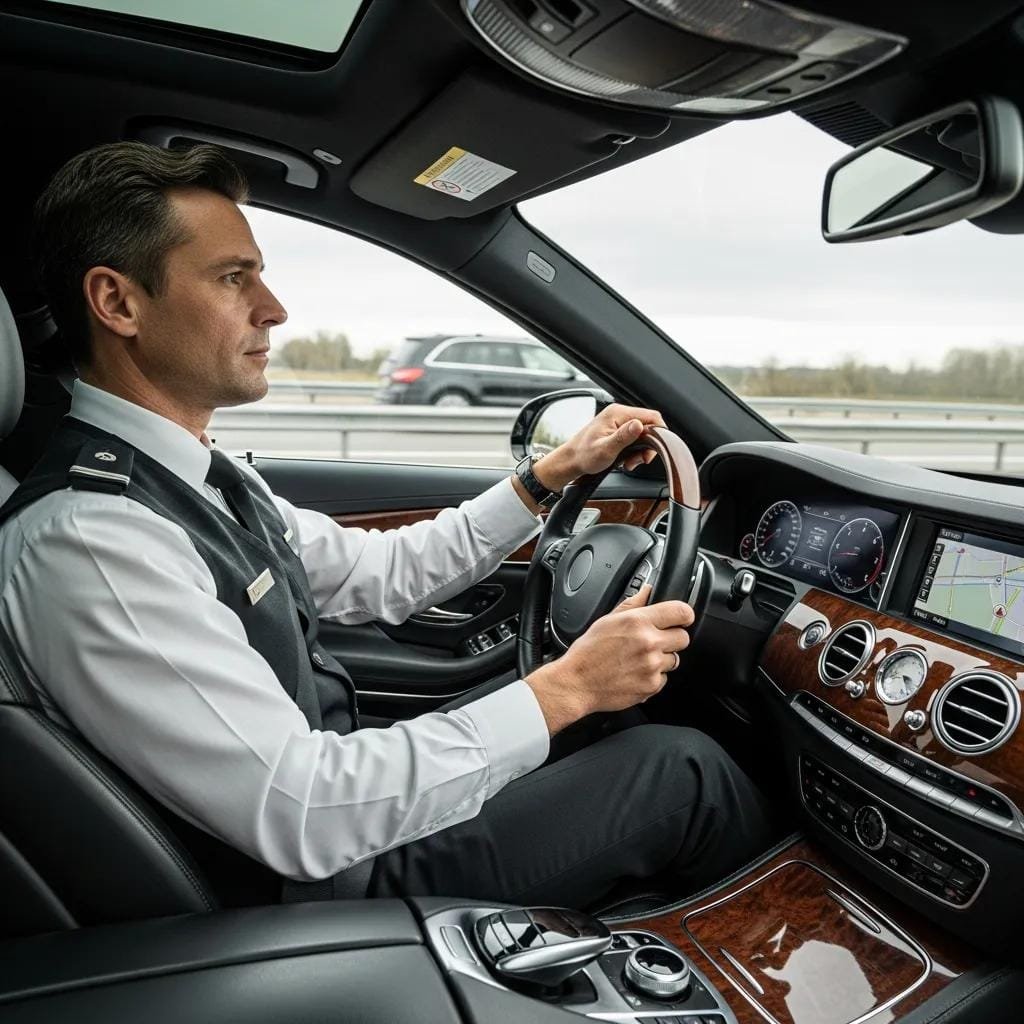 Professional chauffeur practicing defensive driving techniques inside a luxury vehicle