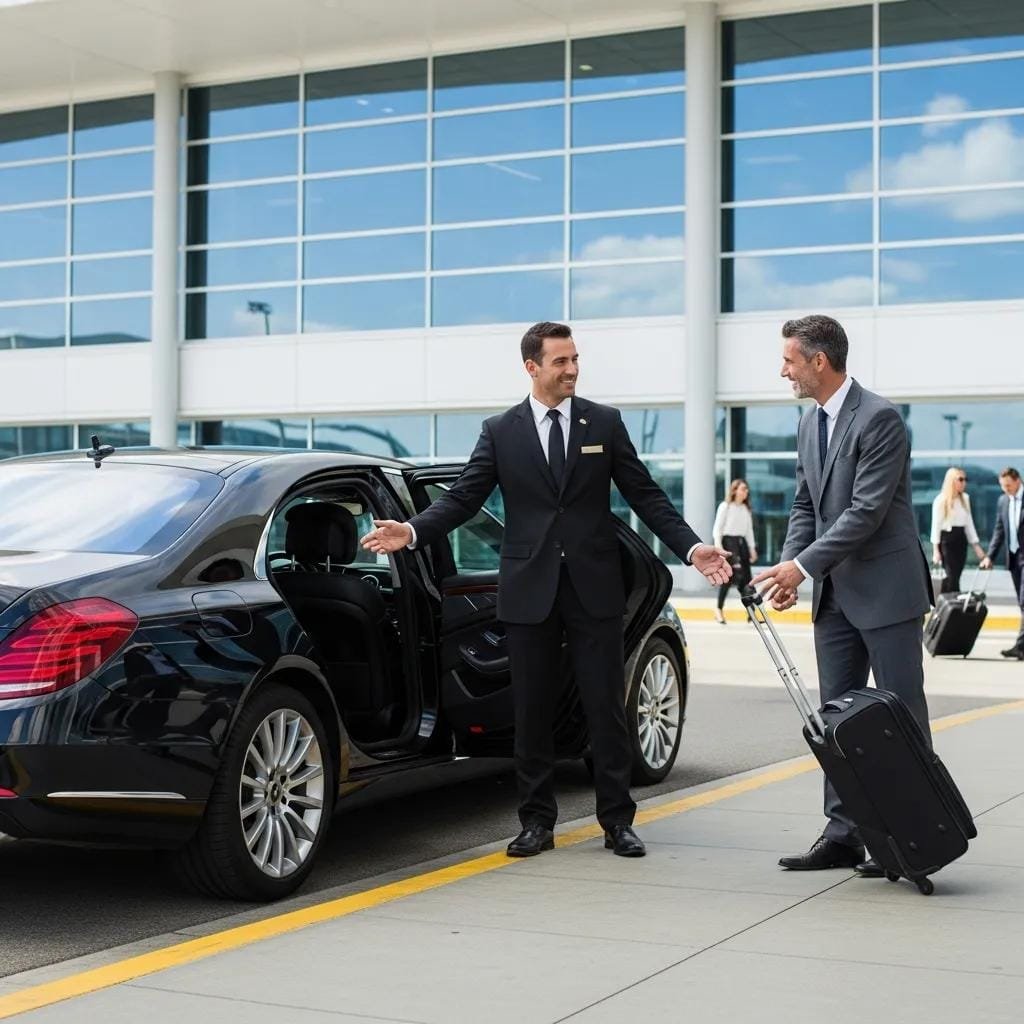Chauffeur greeting a client at the airport and escorting them to a waiting luxury vehicle