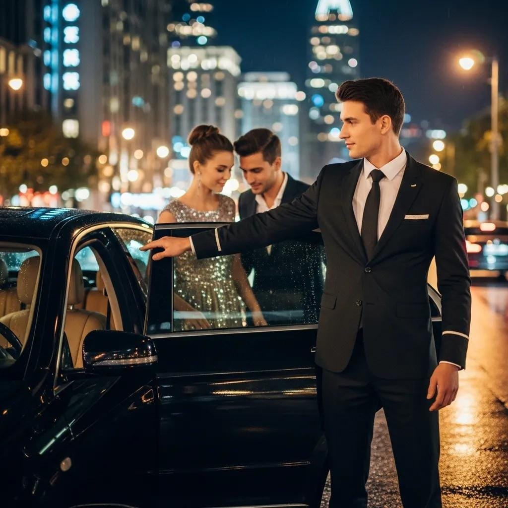 Chauffeur opening a luxury sedan door for a couple — personalized service for a special night out