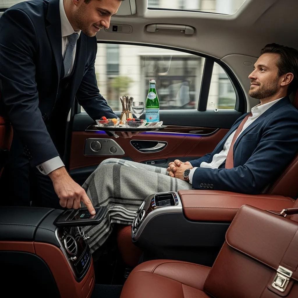 Chauffeur offering attentive service inside a luxury vehicle