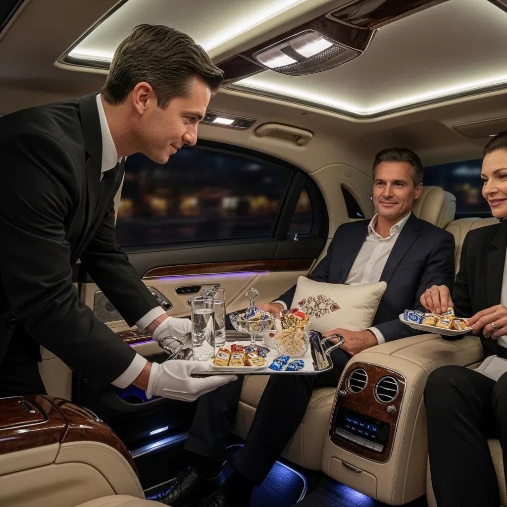 Chauffeur assisting passengers in a luxury sedan