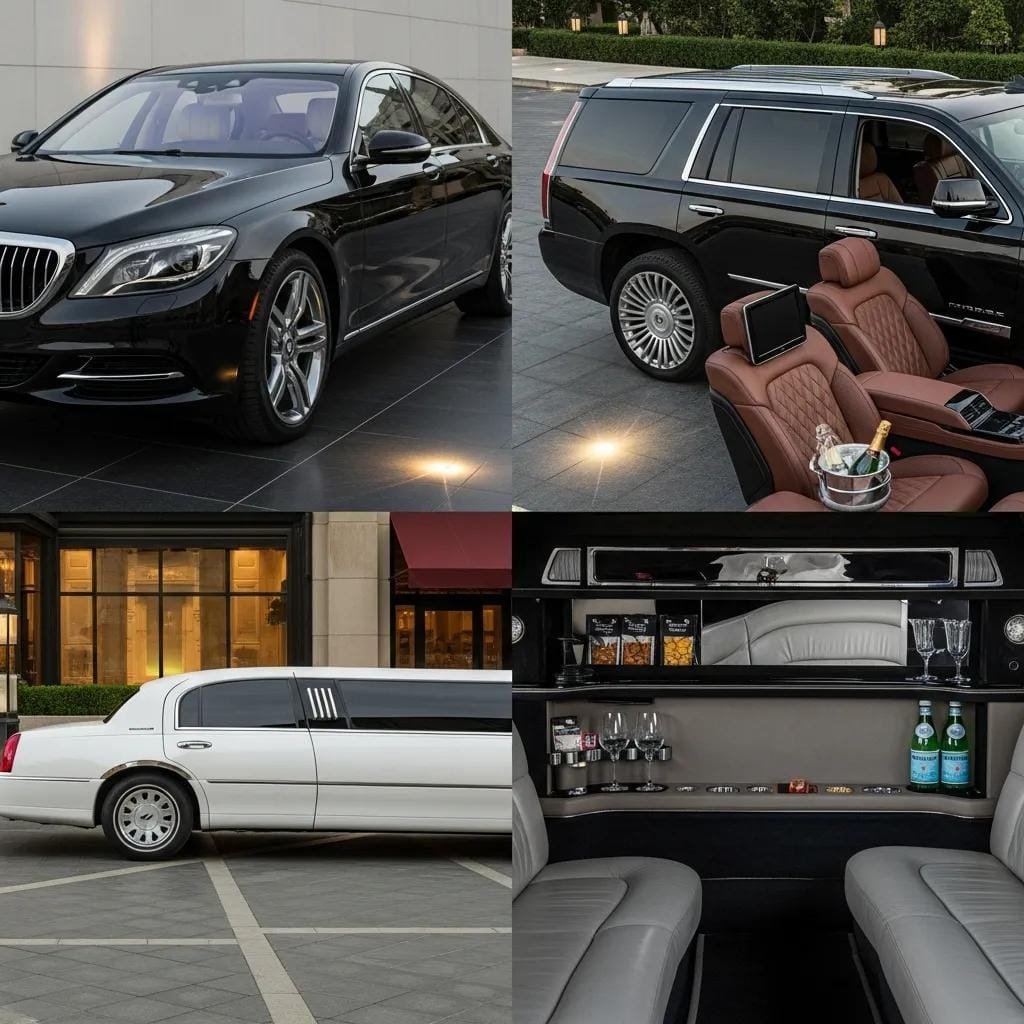 Collage of a luxury sedan, SUV, and limousine — ideal vehicles for fine dining transportation