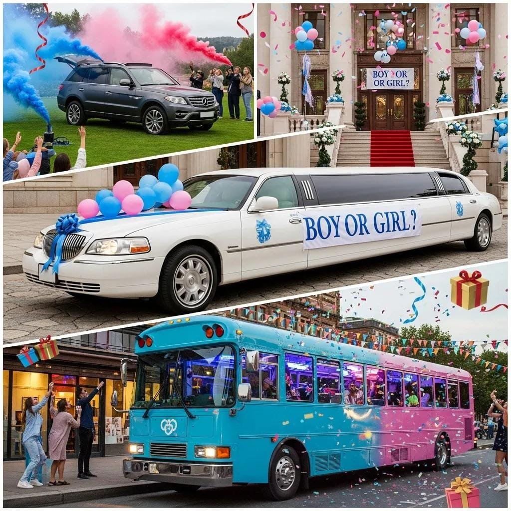 Selection of AAA Luxury Car Group vehicles for gender reveals: stretch limousine, luxury SUV, party bus