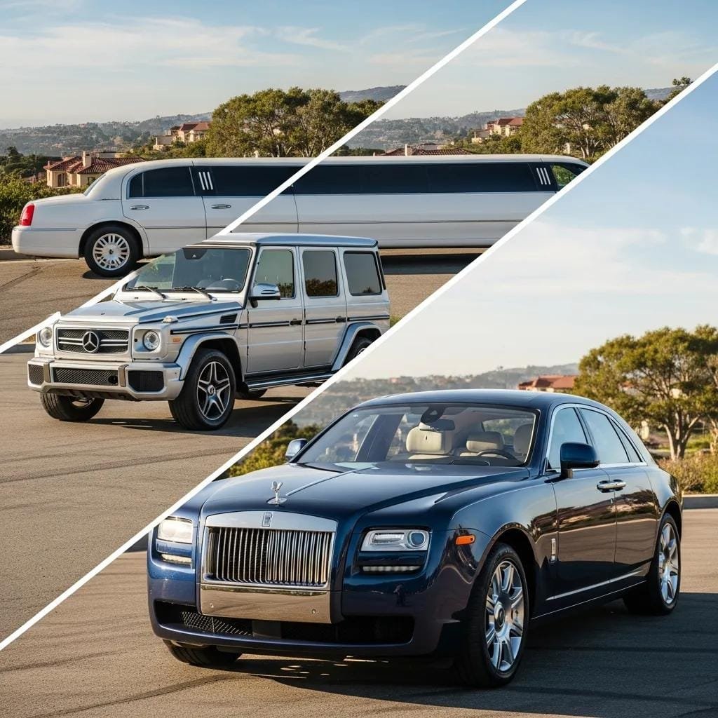 Collage of luxury vehicles including a sedan, SUV, and limousine suited for anniversary transportation