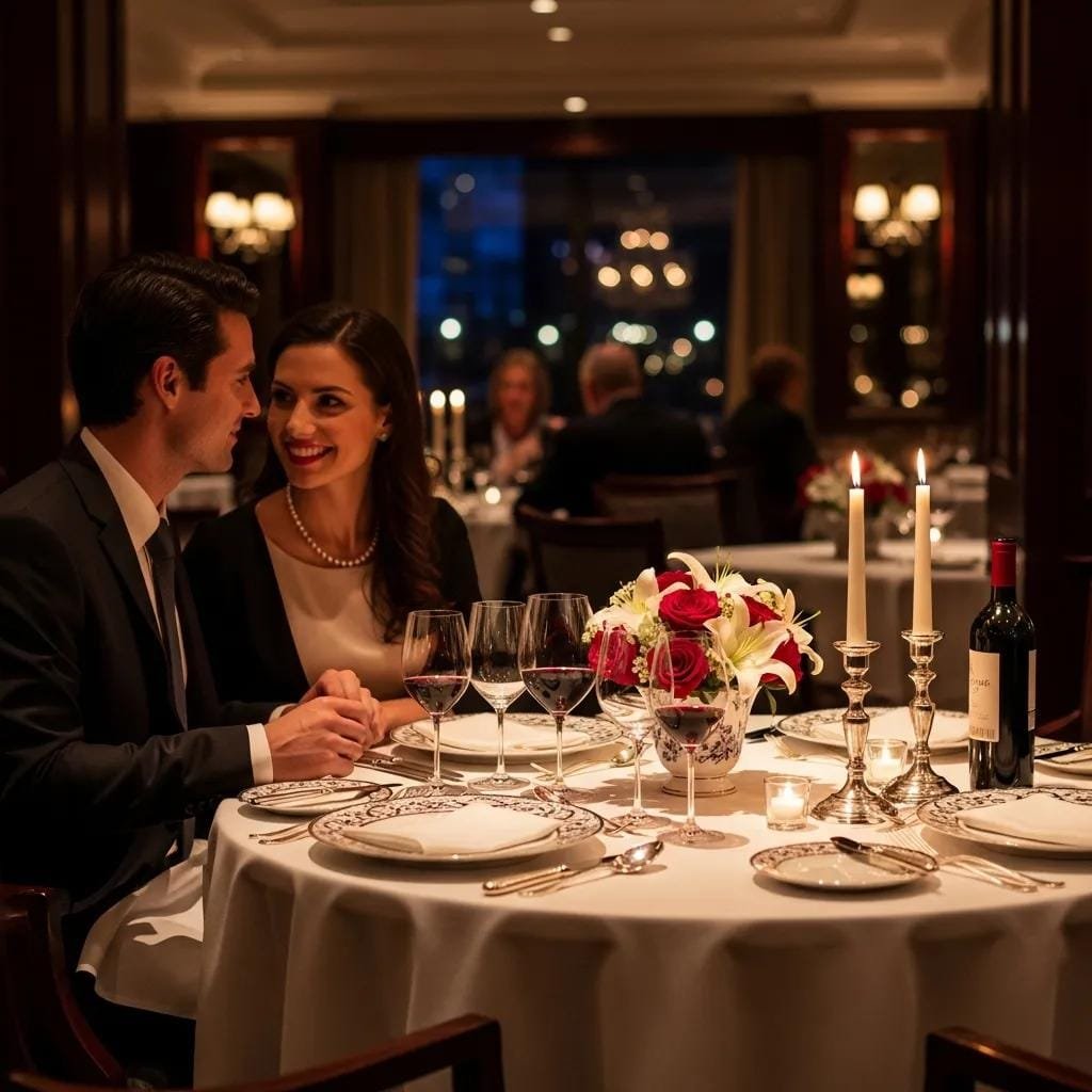 Couple enjoying an intimate dinner at a fine dining restaurant, reflecting an elegant and romantic atmosphere