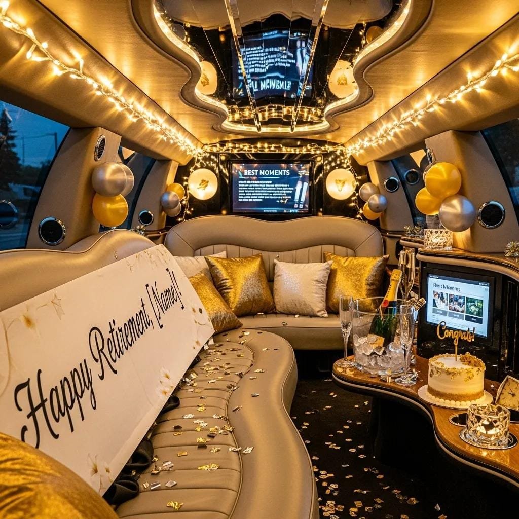 Customized luxury vehicle interior decorated for a retirement party