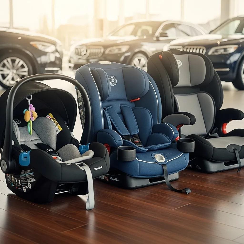 Selection of child safety seats staged inside a luxury vehicle to show options and fit