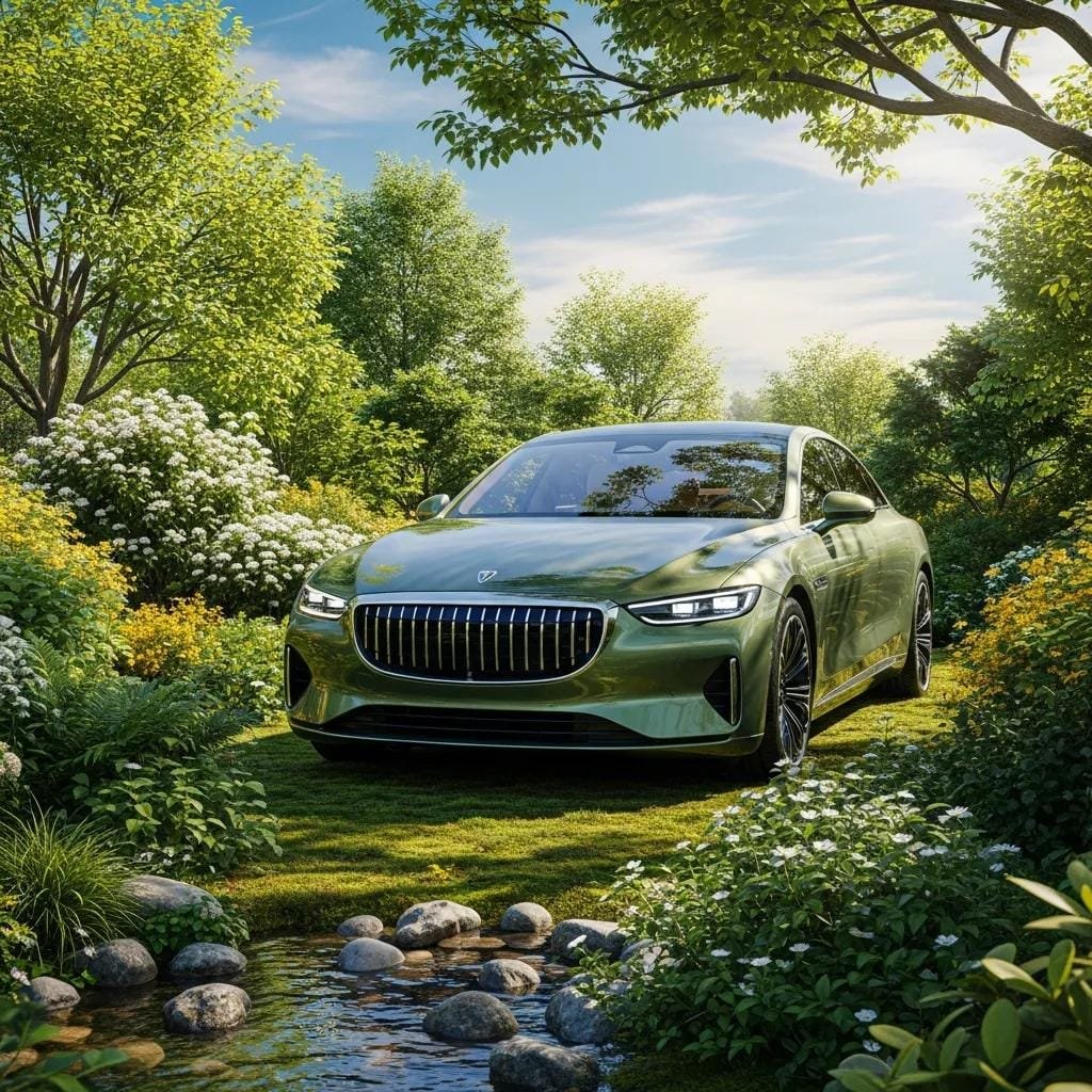 Electric luxury car among greenery