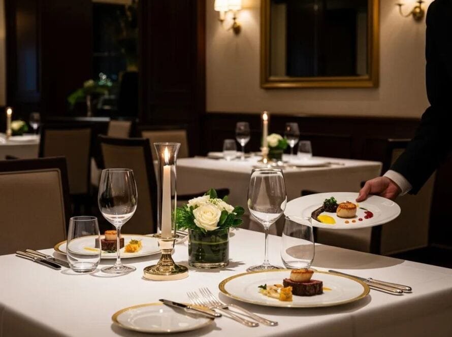 Elegant dining table setup in a fine dining restaurant showcasing gourmet dishes and sophisticated ambiance