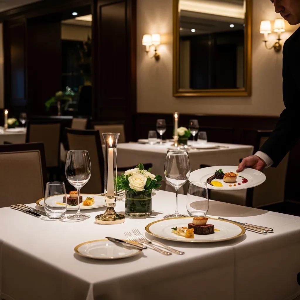 Elegant dining table setup in a fine dining restaurant showcasing gourmet dishes and sophisticated ambiance