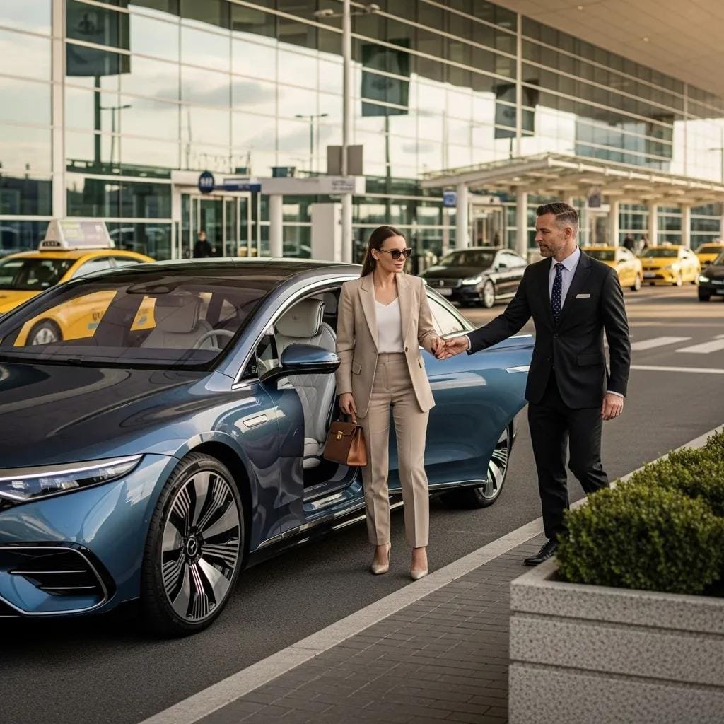 Electric luxury vehicle at airport curbside