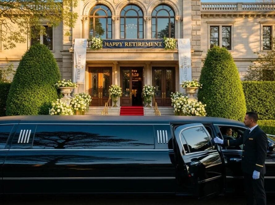 Elegant limousine parked outside a venue, representing luxury transportation for retirement celebrations