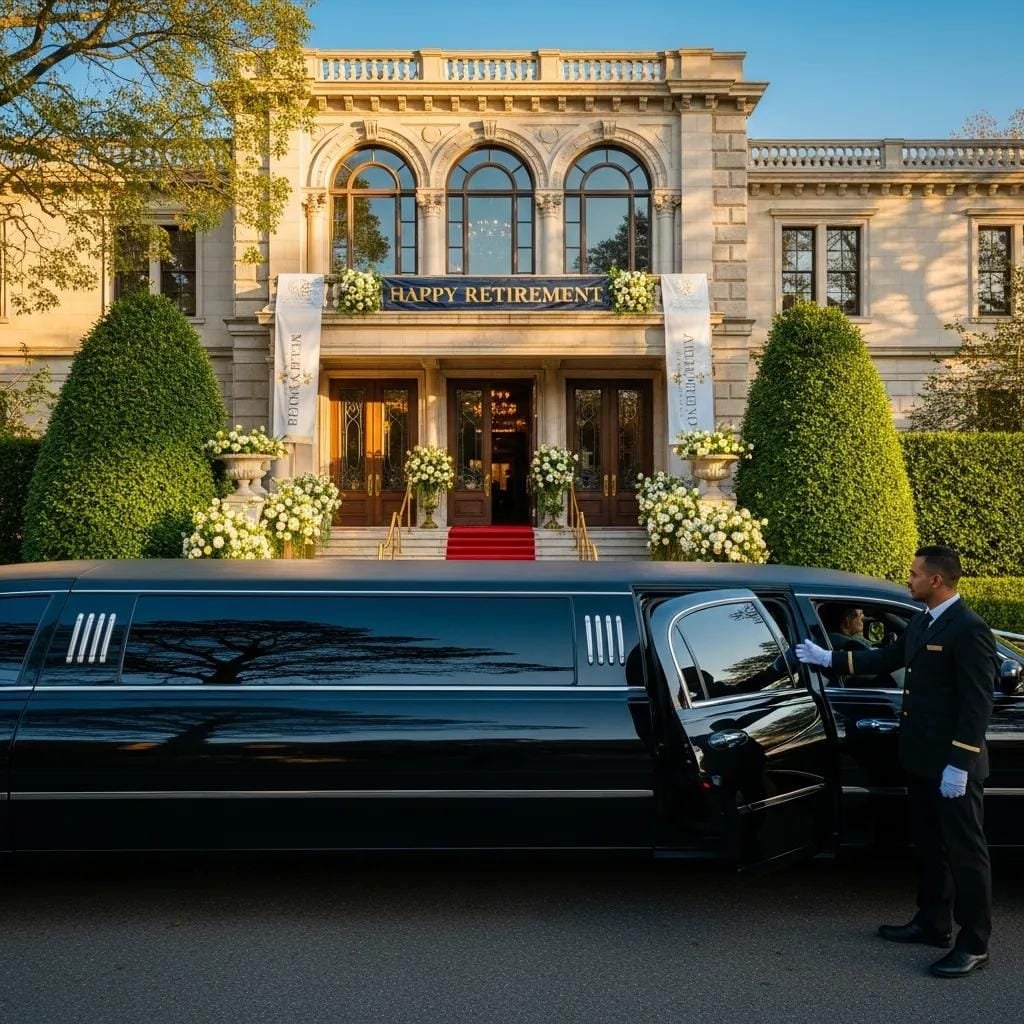 Elegant limousine parked outside a venue, representing luxury transportation for retirement celebrations