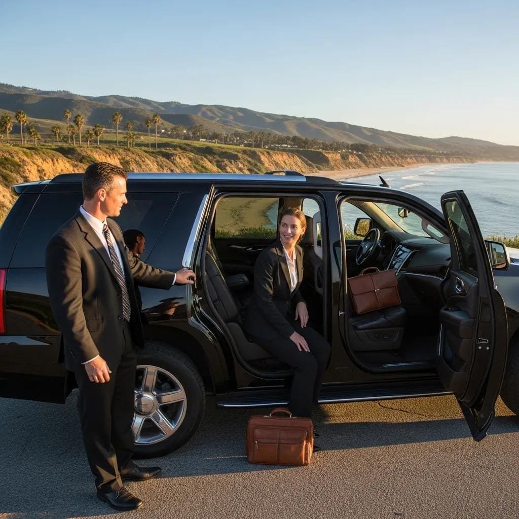 Professional chauffeur assisting a client beside a luxury SUV for Orange County sightseeing