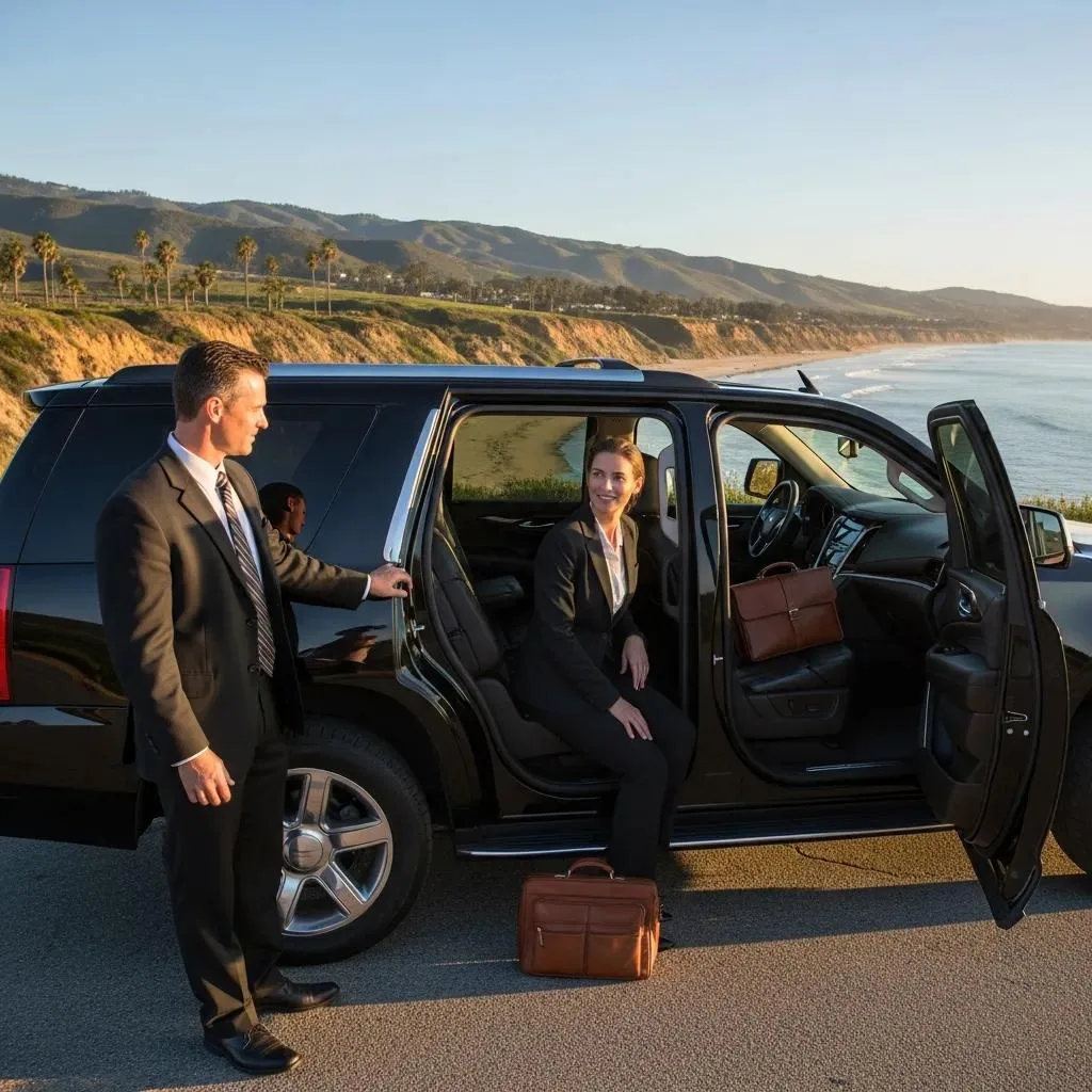 Professional chauffeur assisting a client beside a luxury SUV for Orange County sightseeing