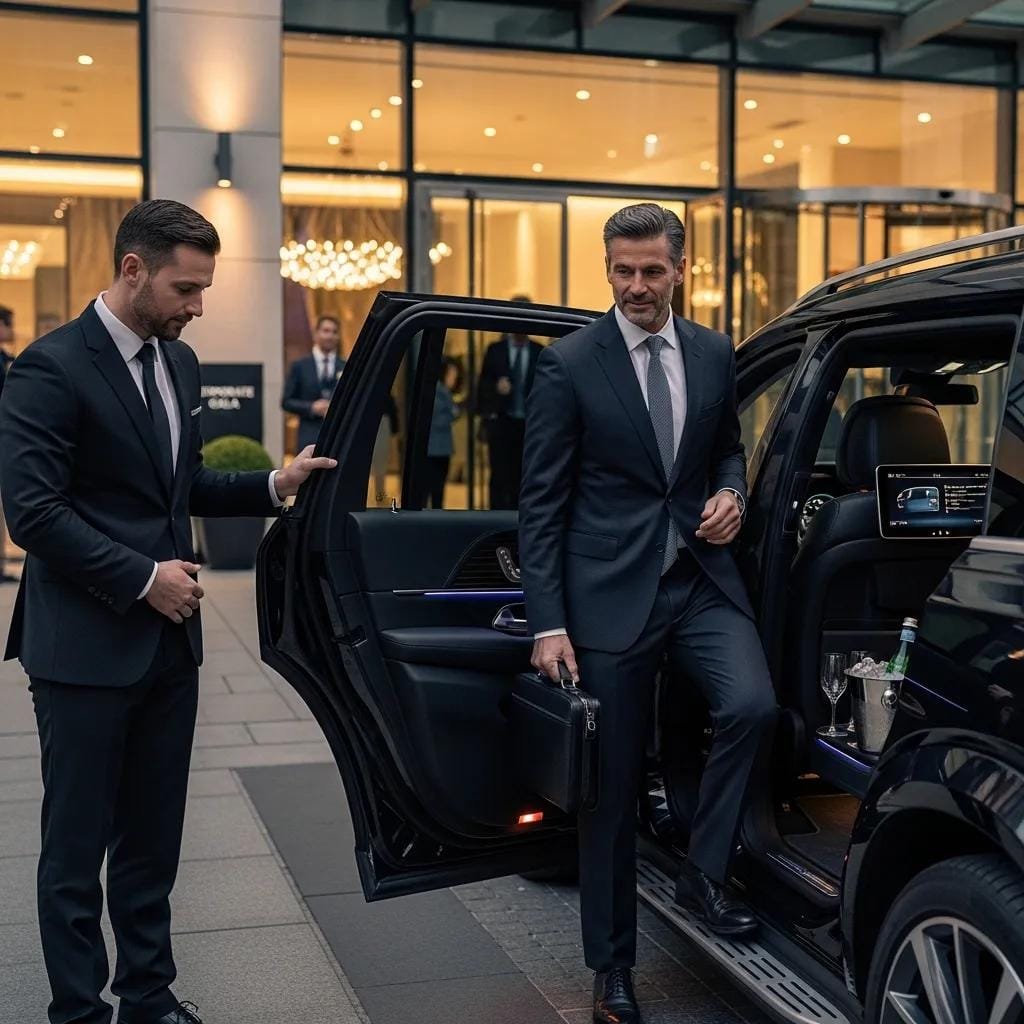 Executive luxury SUV with chauffeur assisting a business executive — corporate dinner transportation services