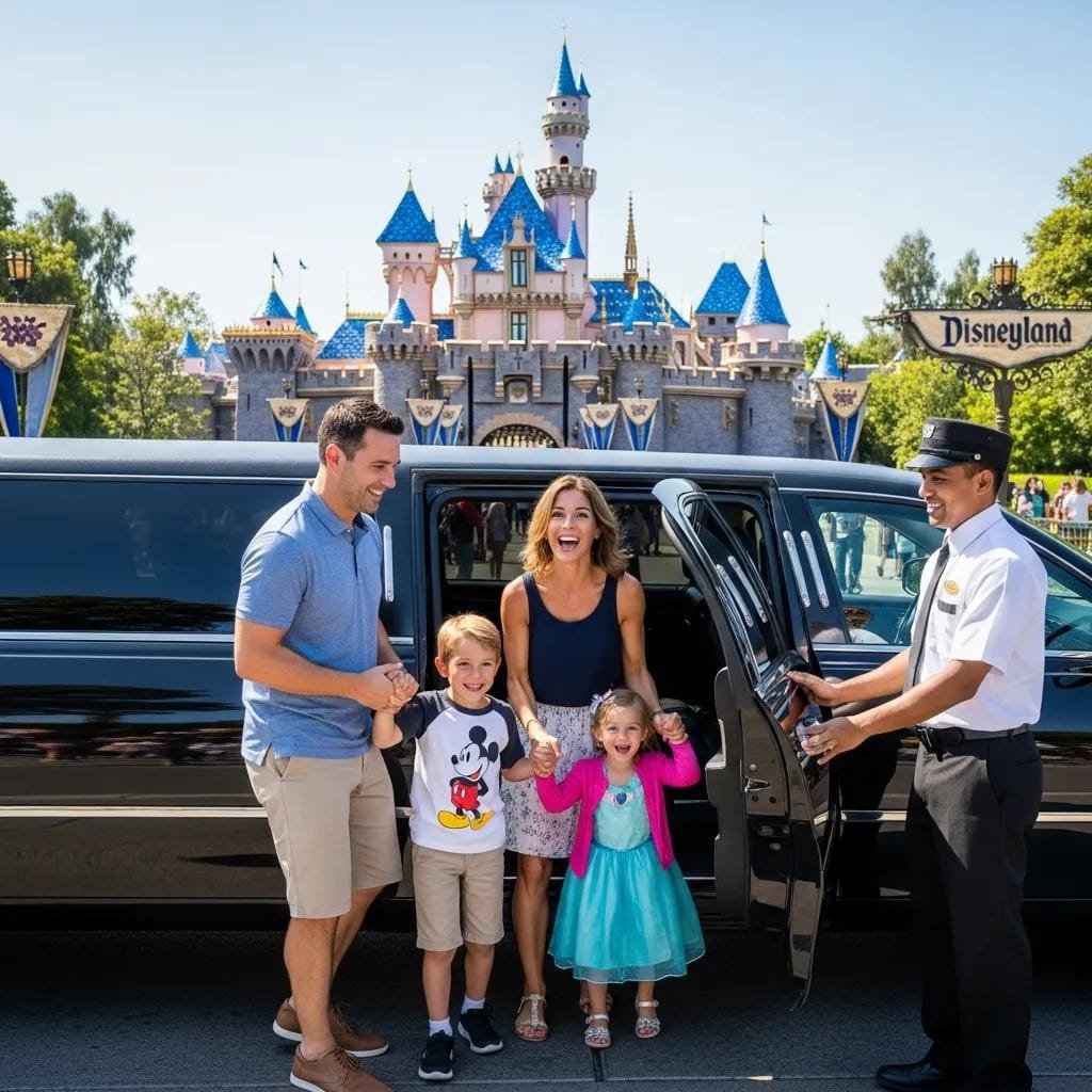 Family arriving at Disneyland in a chauffeured limousine — VIP transport to theme parks