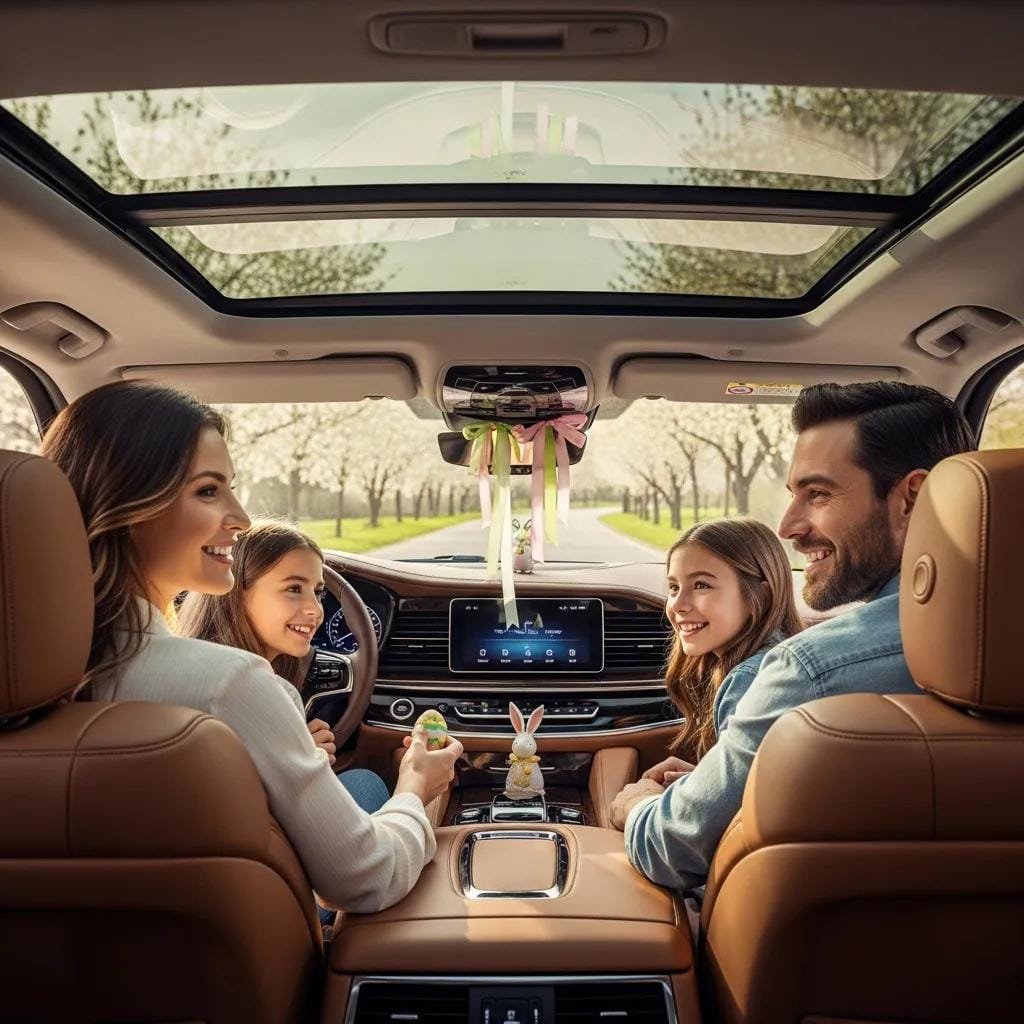 Family riding comfortably in a luxury SUV, enjoying a relaxed Easter outing