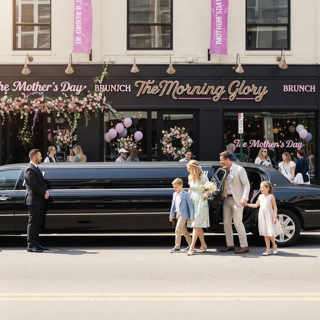 Family arriving from a stretch limousine for Mother's Day brunch — luxury transportation experience
