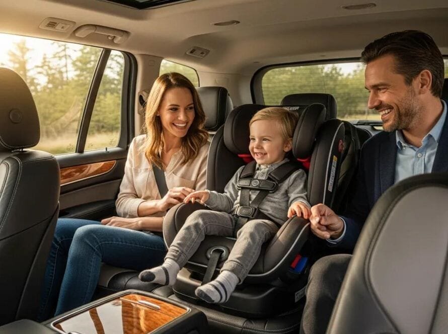 Family in a luxury vehicle with a child safety seat, highlighting safe travel
