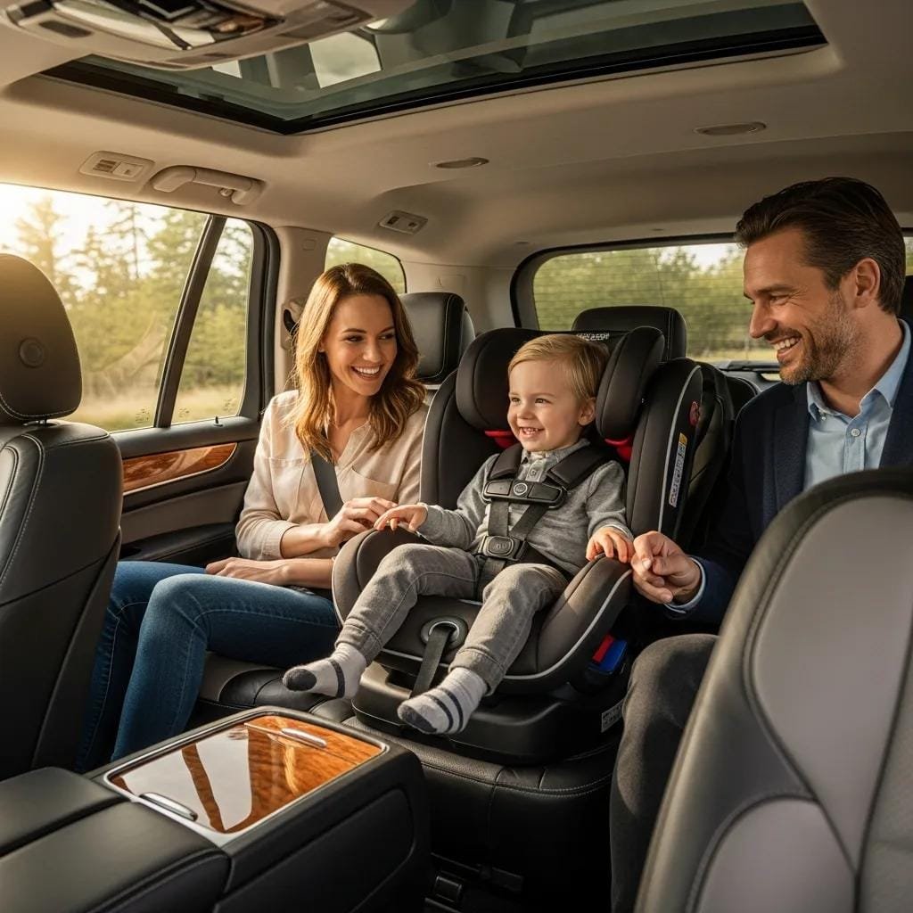 Family in a luxury vehicle with a child safety seat, highlighting safe travel