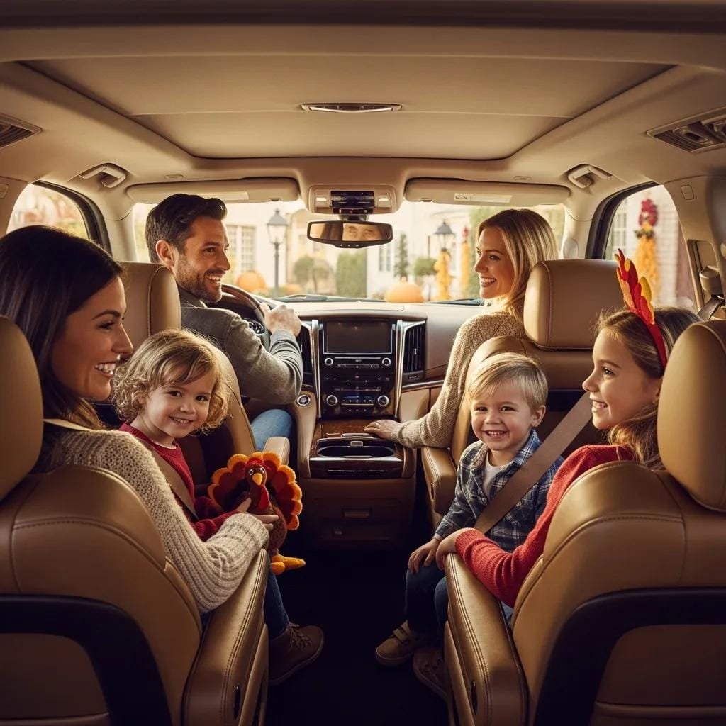 Family traveling together in a roomy luxury SUV for Thanksgiving