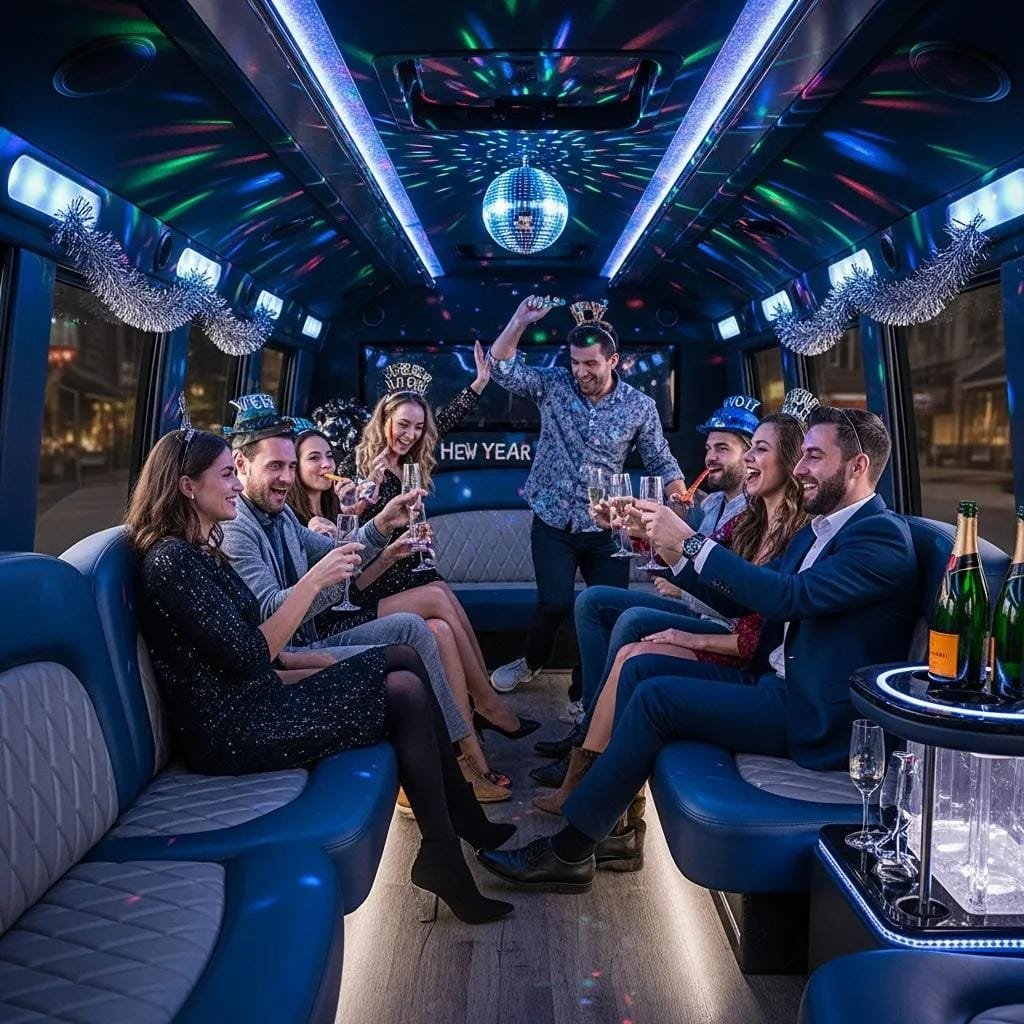 Friends enjoying a ride inside a luxury party bus, showcasing the perks of VIP event transport