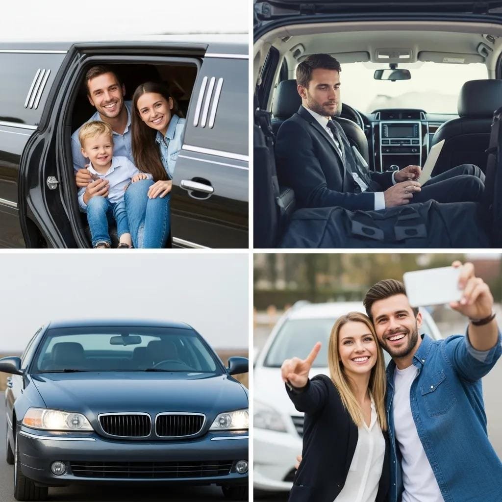 Smiling passengers enjoying premium transportation in sedans and SUVs