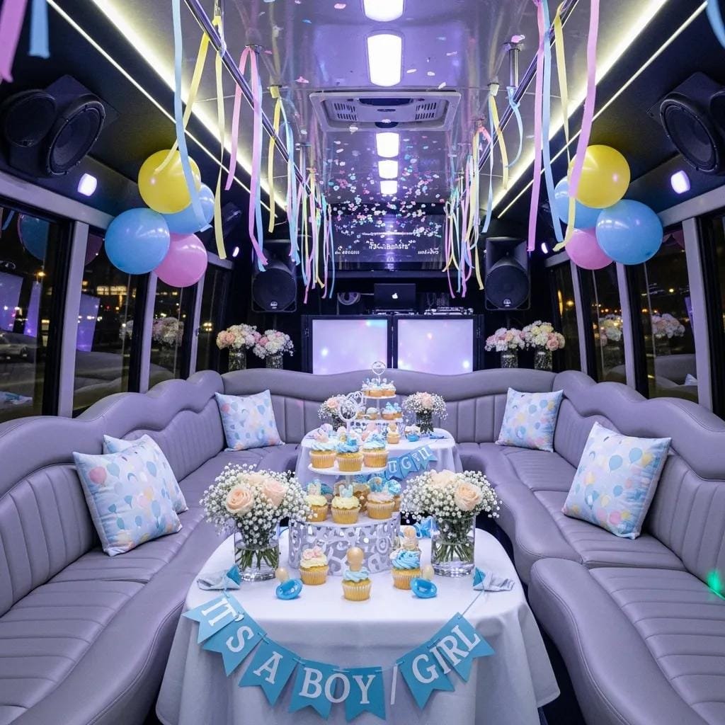 Party bus interior decorated for a baby shower, with festive seating and lighting