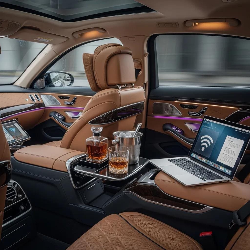 Luxury car interior showing leather seats, Wi‑Fi hotspot, and beverage service for business travelers