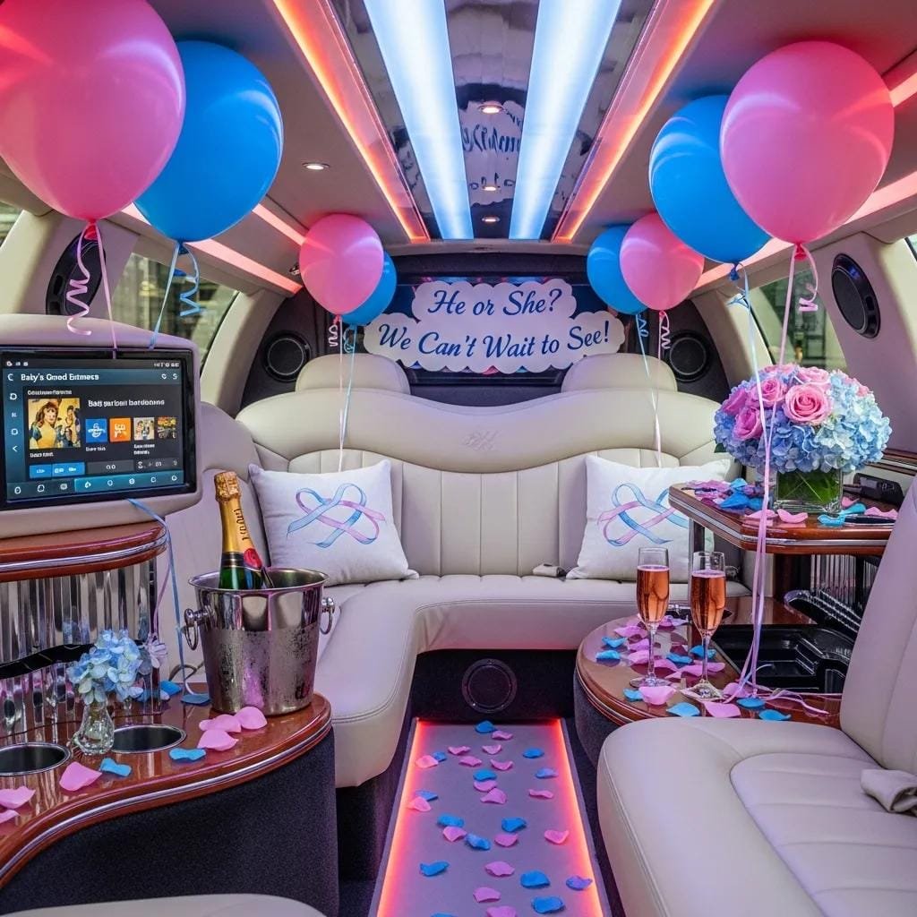 Interior view of a luxury limousine decorated for a gender reveal with soft lighting and seating
