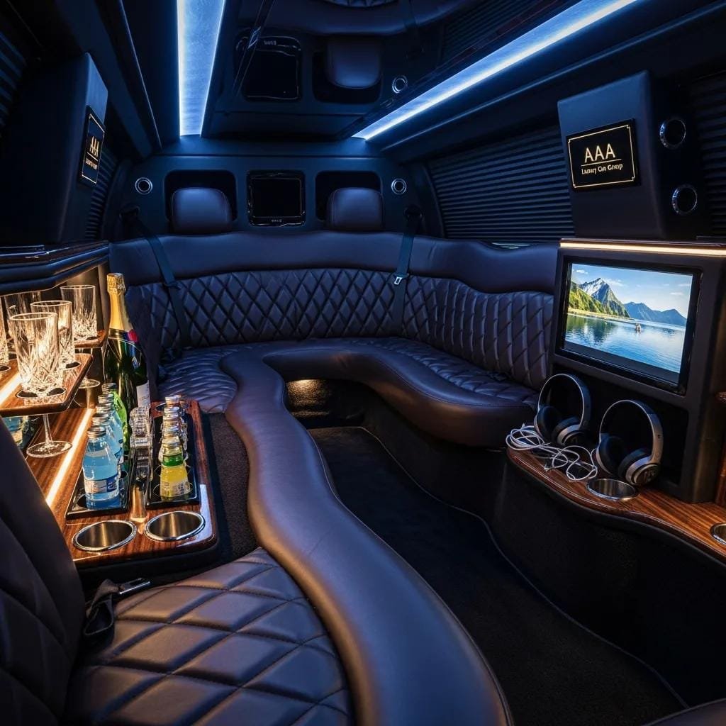 Luxury limousine interior with leather seats, Wi‑Fi, and premium amenities for executive travel