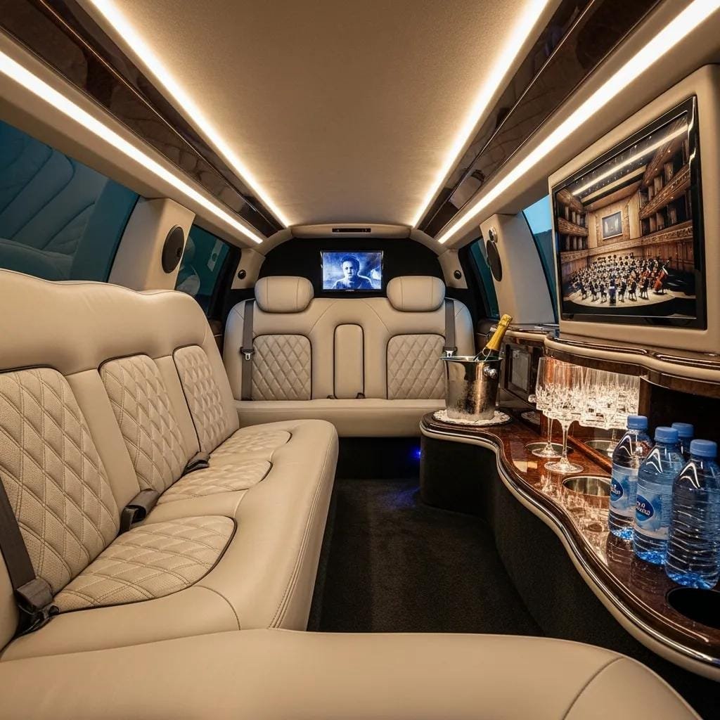 Interior of a AAA Luxury Car Group limousine showing plush seating and refined amenities