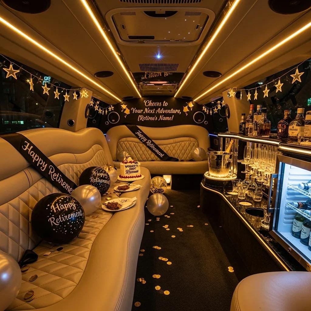 Plush limousine interior with tasteful decor set up for a retirement celebration