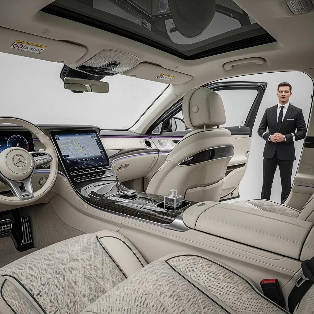 Interior of a luxury sedan showing comfort features tailored for chauffeur service