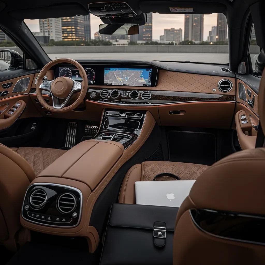 Luxury sedan interior with leather seats and workspace — ideal for business travel