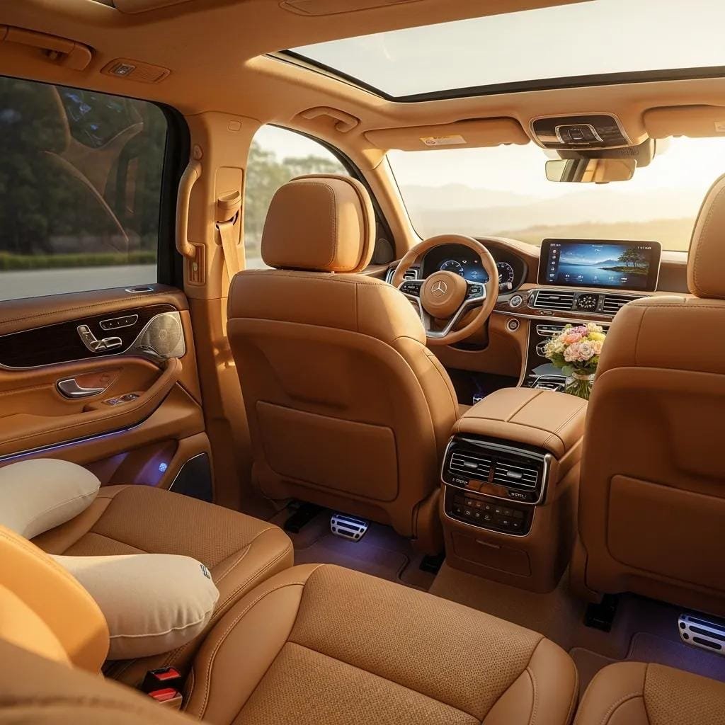 Interior of a luxury SUV showing spacious seating and modern amenities for comfort